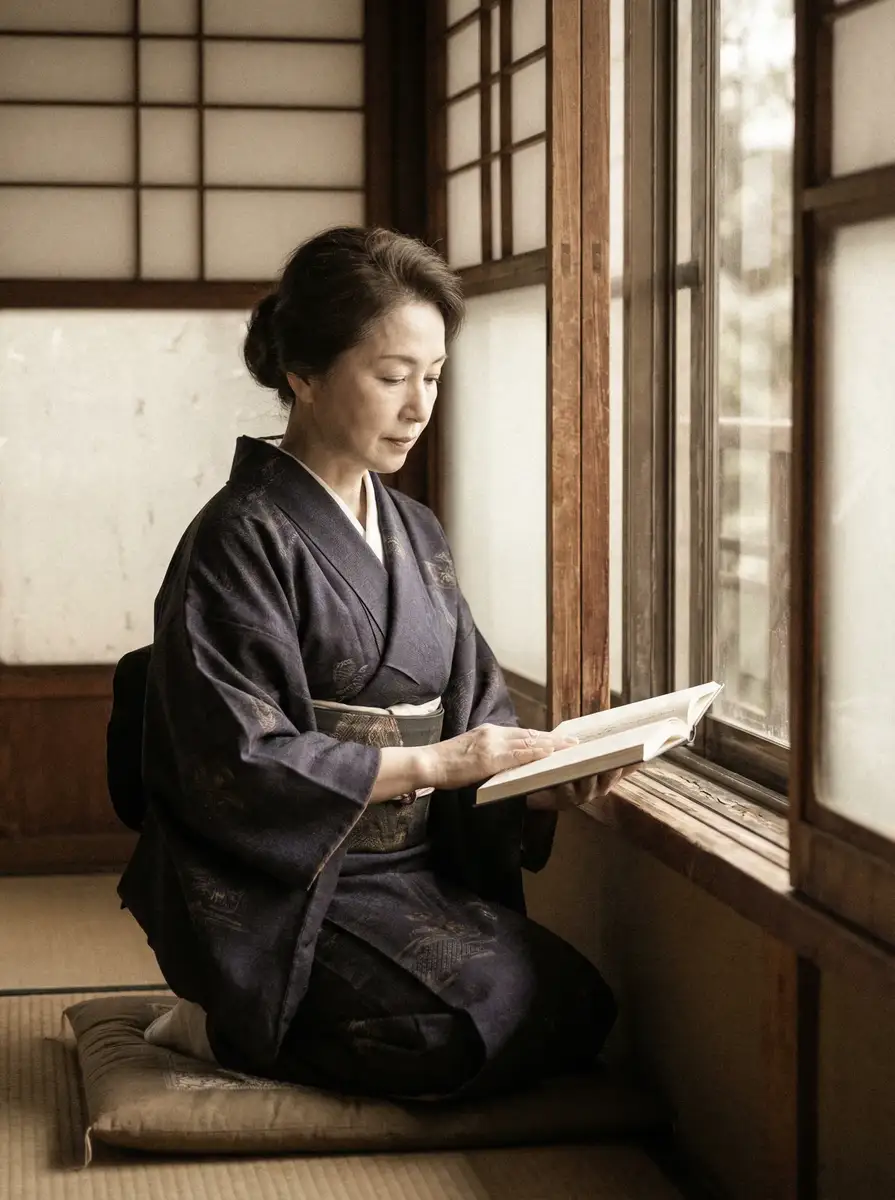 一位优雅的五十岁 宫下玲奈 身穿深蓝色和服，在窗边静读