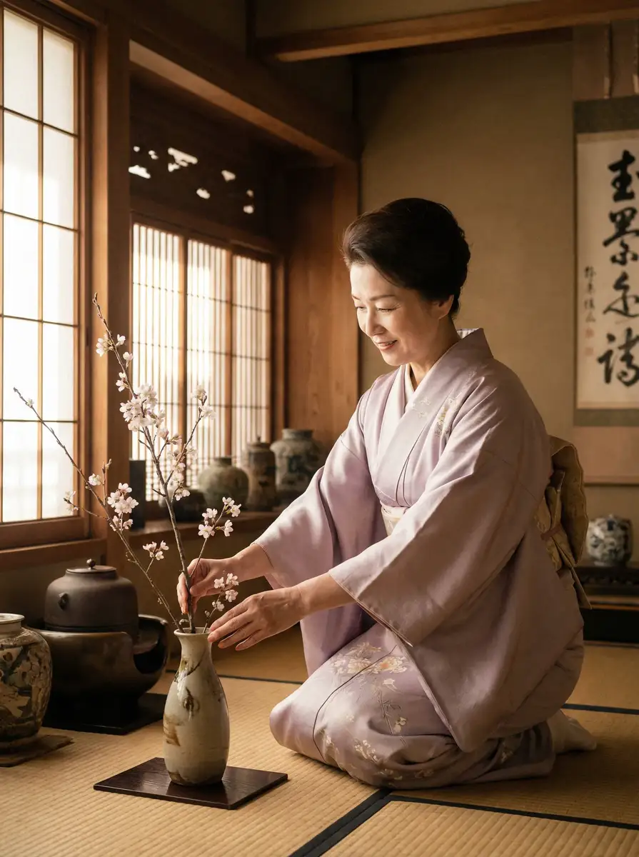 一位优雅的 宫下玲奈 在和室中插花